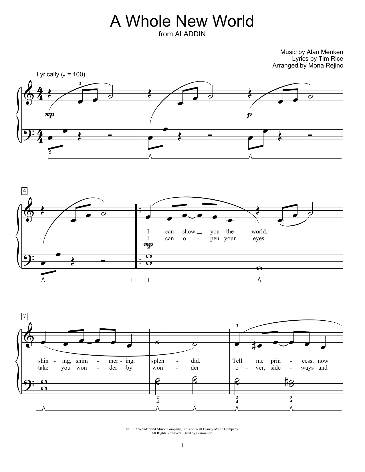 Alan Menken A Whole New World (from Aladdin) (arr. Mona Rejino) sheet music, chords, lyrics - Printable PDF for Educational Piano