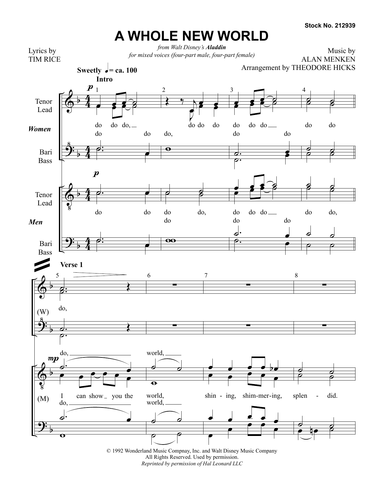 Alan Menken A Whole New World (from Aladdin) (arr. Theo Hicks) sheet music, chords, lyrics - Printable PDF for Choir