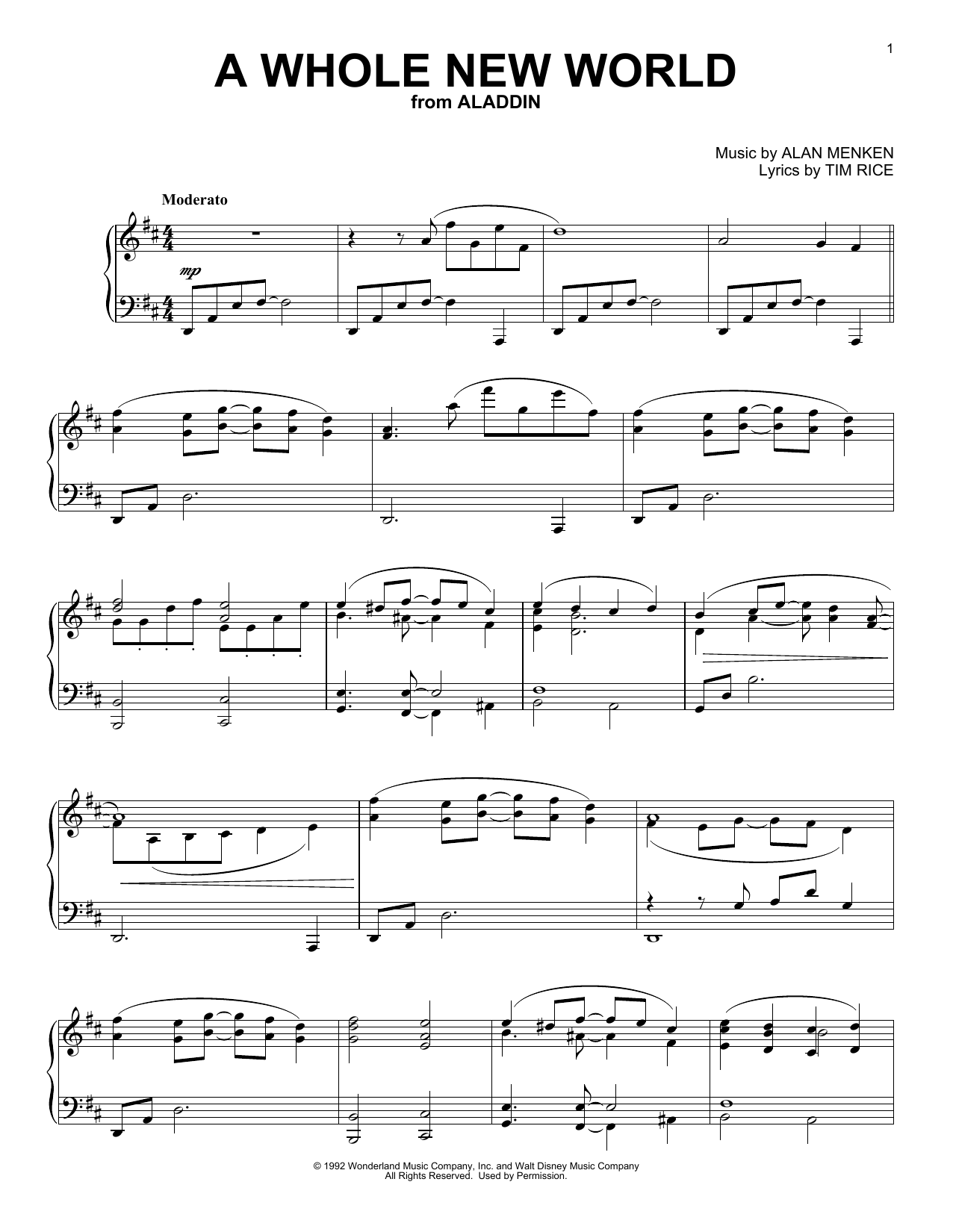 Alan Menken A Whole New World (from Aladdin) [Classical version] sheet music, chords, lyrics - Printable PDF for Piano Solo