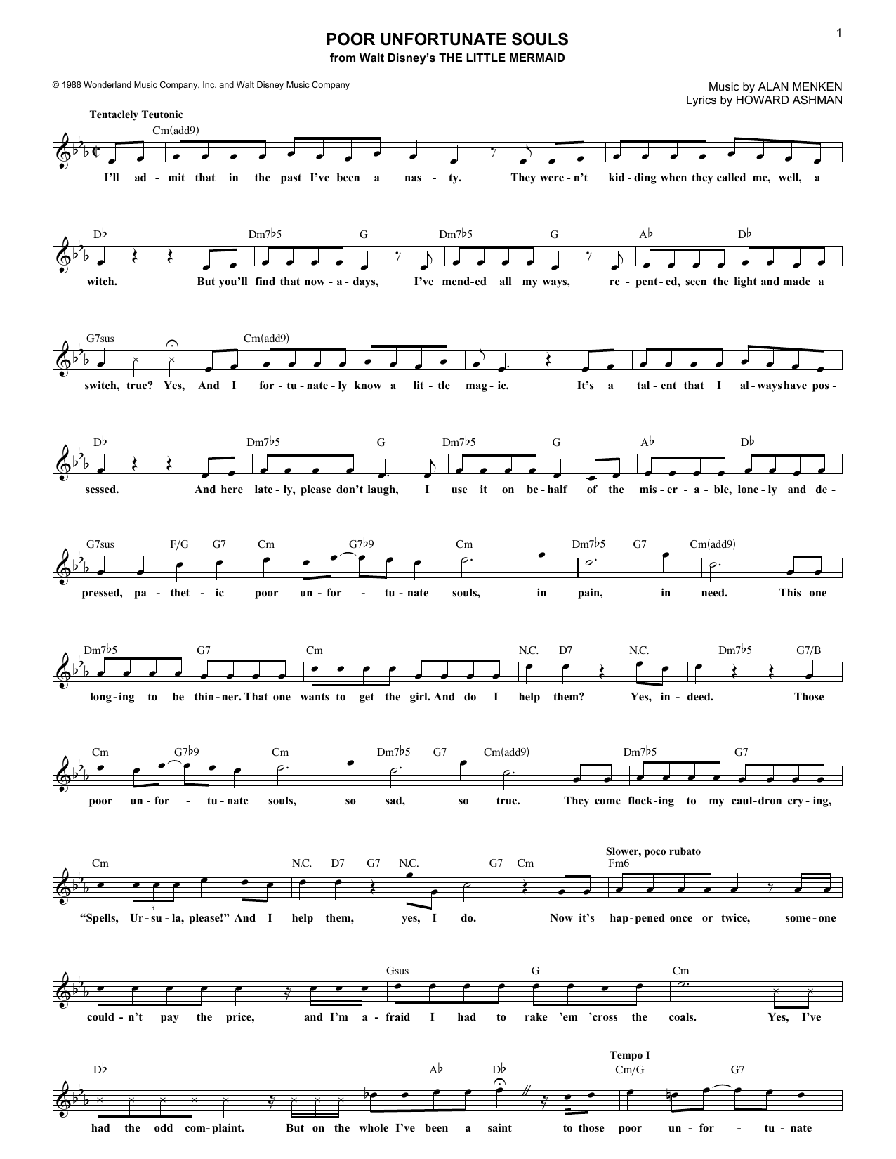 Howard Ashman Poor Unfortunate Souls sheet music, chords, lyrics - Printable PDF for Piano, Vocal & Guitar (Right-Hand Melody)