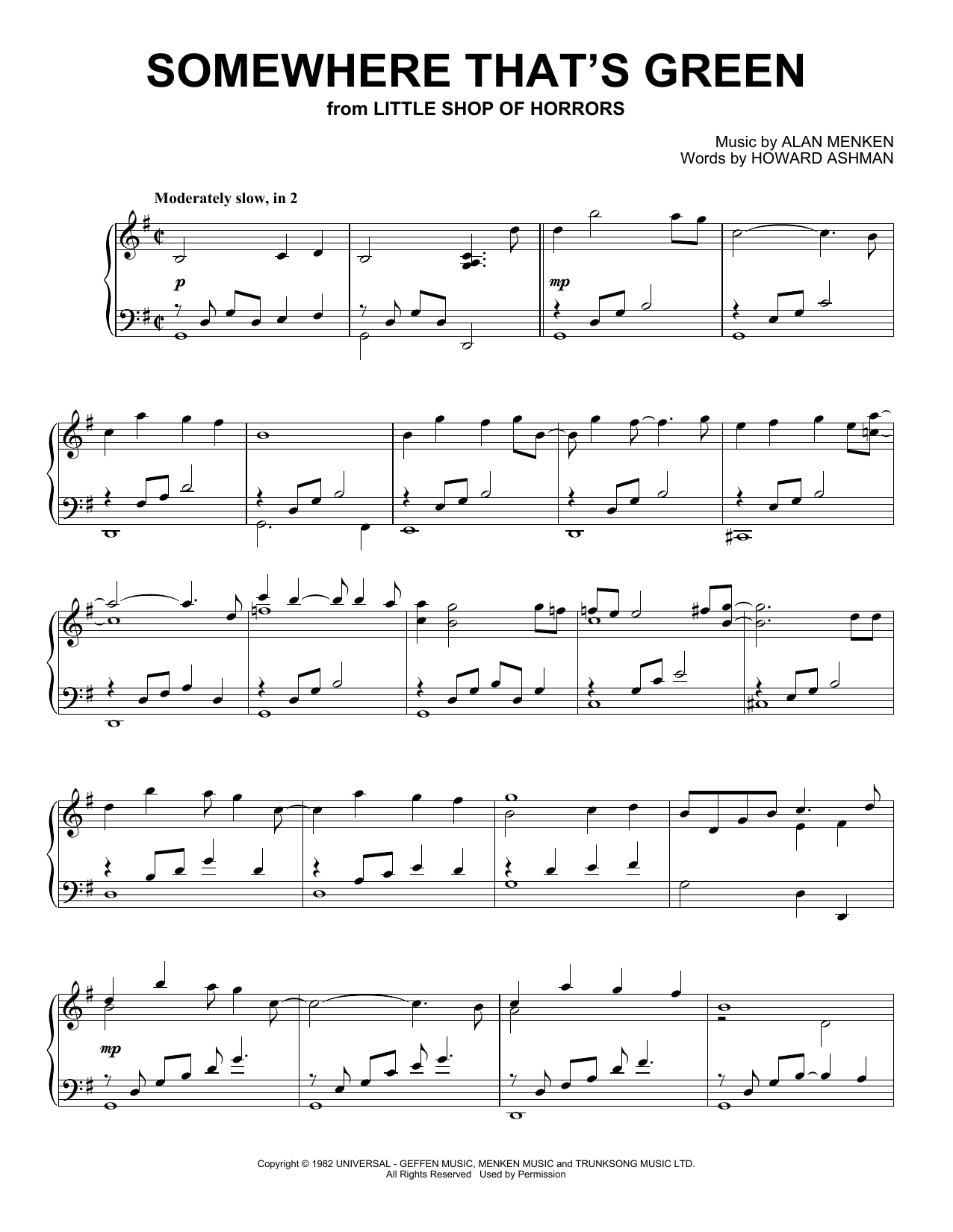 Alan Menken Somewhere That's Green (from Little Shop Of Horrors) (Peaceful Piano Solo) sheet music, chords, lyrics - Printable PDF for Piano Solo