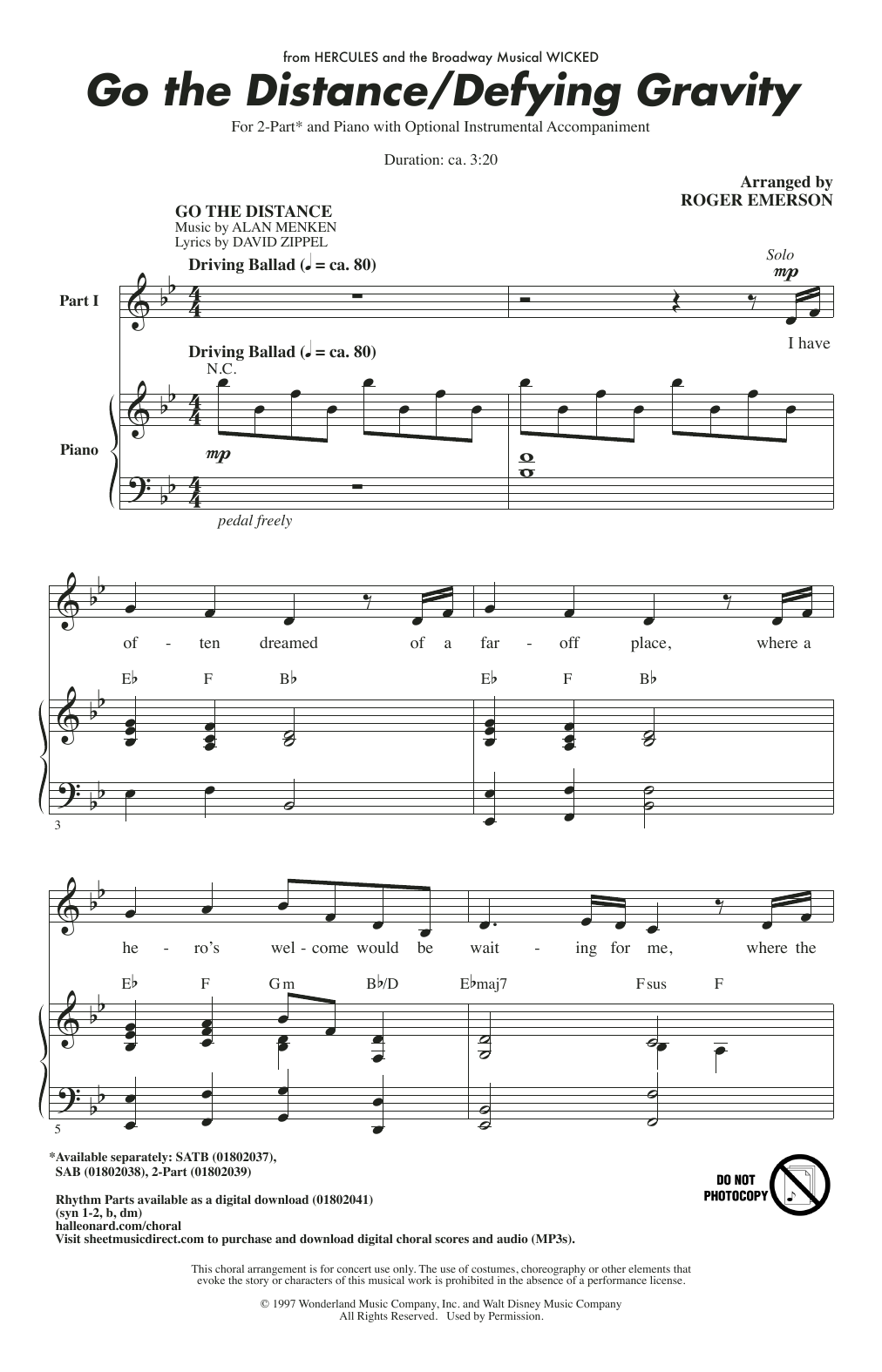 Alan Menken, David Zippel & Stephen Schwartz Go The Distance / Defying Gravity (arr. Roger Emerson) sheet music, chords, lyrics - Printable PDF for SATB Choir
