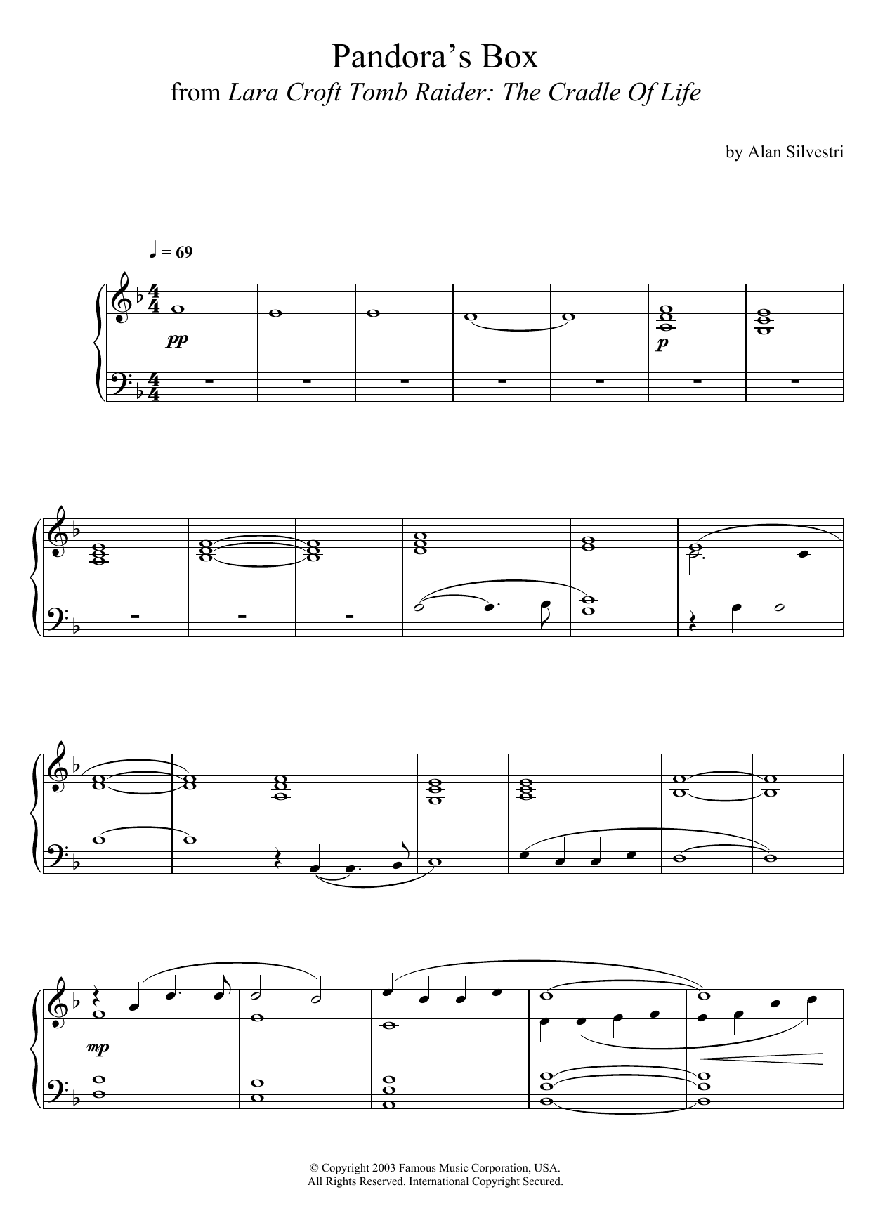Alan Silvestri Lara Croft Tomb Raider: The Cradle Of Life (Pandora's Box) sheet music, chords, lyrics - Printable PDF for Piano