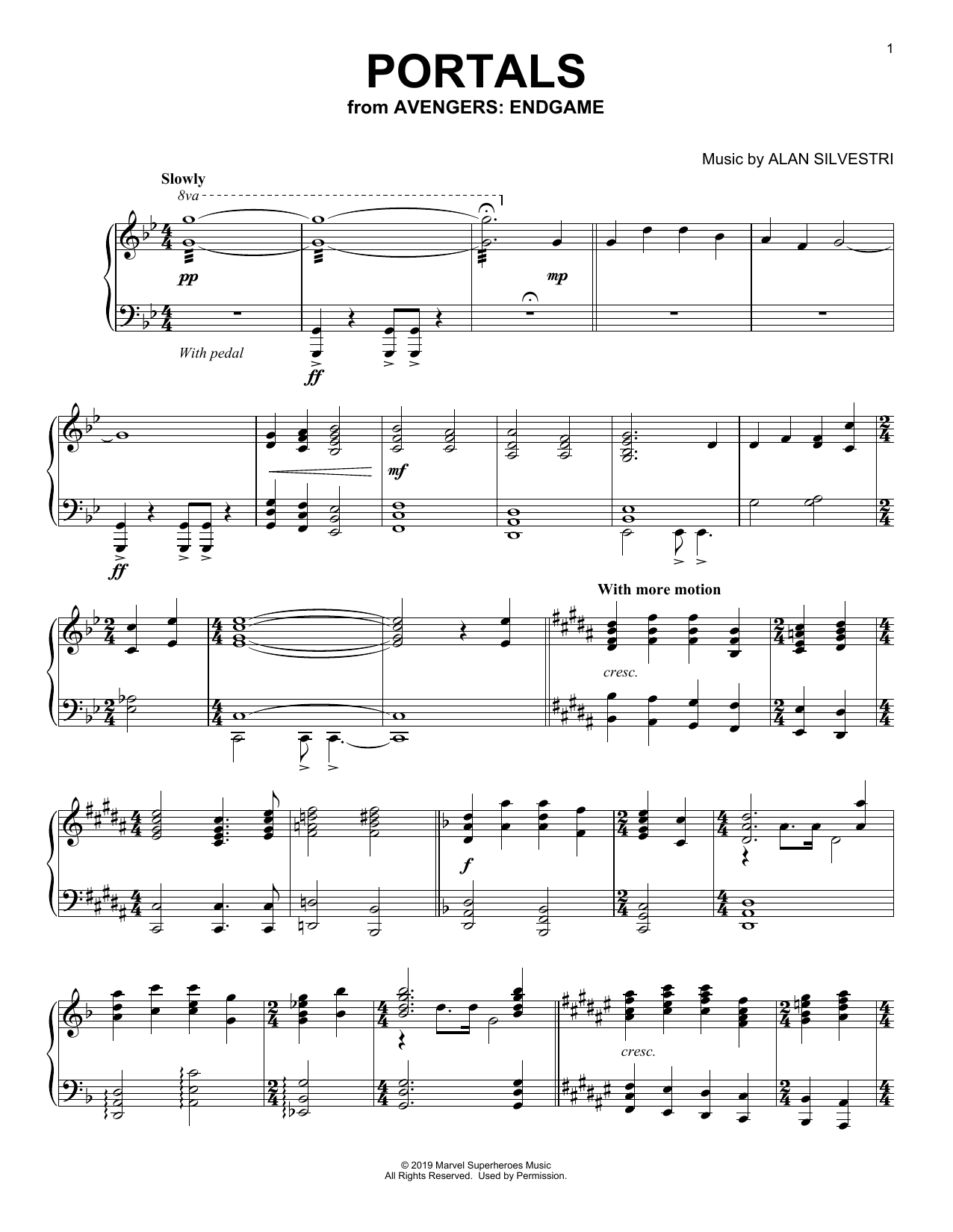 Alan Silvestri Portals (from Avengers: Endgame) sheet music, chords, lyrics - Printable PDF for Piano Solo