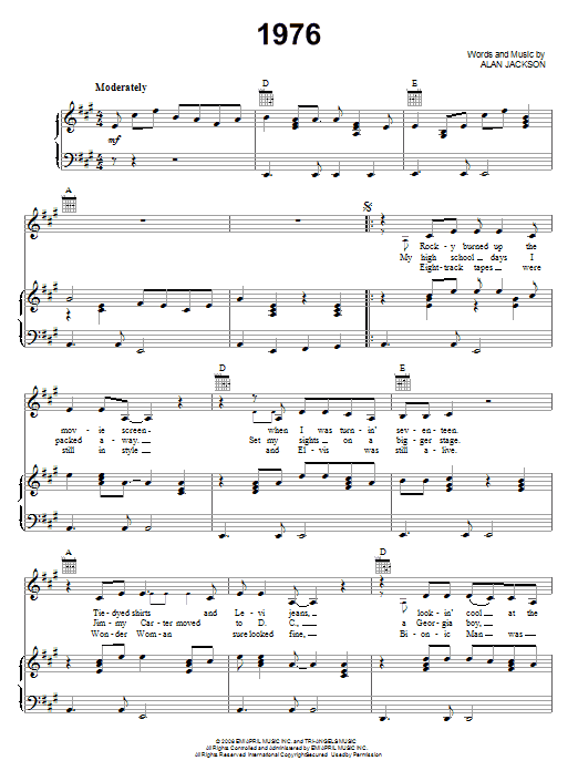Learn to play Alan Jackson 1976 sheet music for Piano, Vocal & Guitar (Right-Hand Melody) in minutes. Alan Jackson 1976 sheet music preview music notes and score for Piano, Vocal & Guitar (Right-Hand Melody) including 6 page(s)