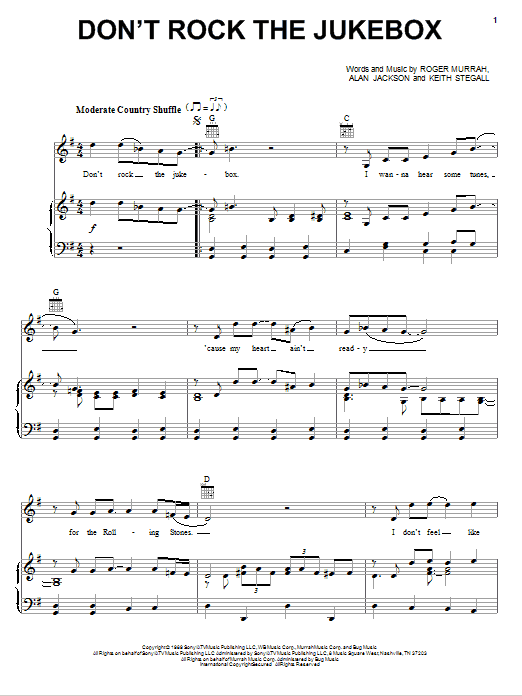 Learn to play Alan Jackson Don't Rock The Jukebox sheet music for Piano, Vocal & Guitar (Right-Hand Melody) in minutes. Alan Jackson Don't Rock The Jukebox sheet music notes and chords