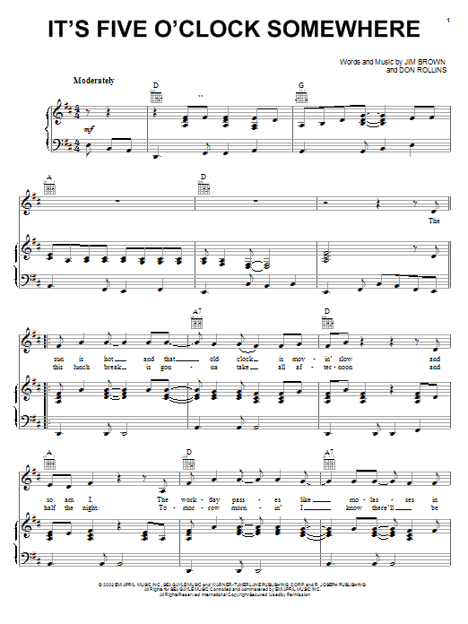 Learn to play Alan Jackson & Jimmy Buffett It's Five O'Clock Somewhere sheet music for Piano, Vocal & Guitar (Right-Hand Melody) in minutes. Alan Jackson & Jimmy Buffett It's Five O'Clock Somewhere sheet music notes and chords