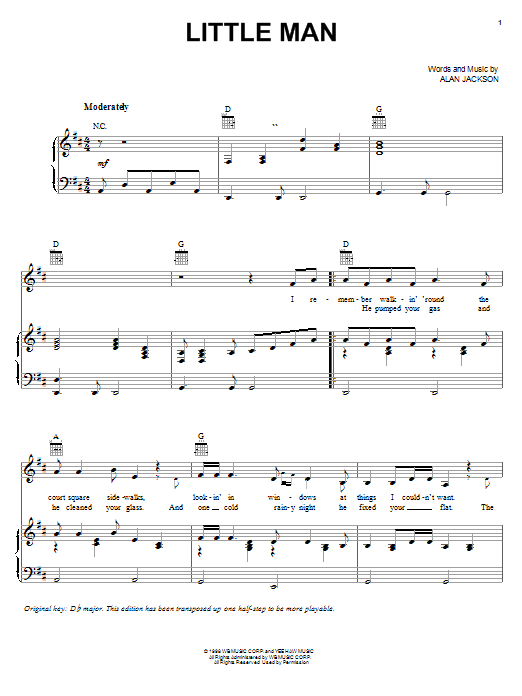 Learn to play Alan Jackson Little Man sheet music for Piano, Vocal & Guitar (Right-Hand Melody) in minutes. Alan Jackson Little Man sheet music preview music notes and score for Piano, Vocal & Guitar (Right-Hand Melody) including 7 page(s)