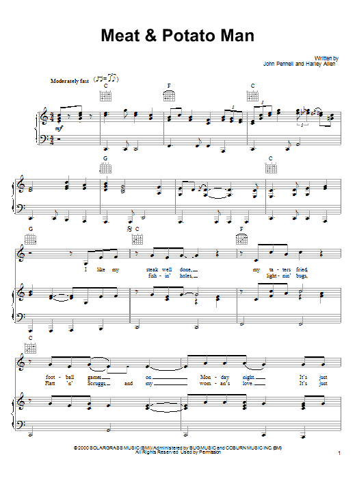 Learn to play Alan Jackson Meat & Potato Man sheet music for Piano, Vocal & Guitar (Right-Hand Melody) in minutes. Alan Jackson Meat & Potato Man sheet music preview music notes and score for Piano, Vocal & Guitar (Right-Hand Melody) including 4 page(s)