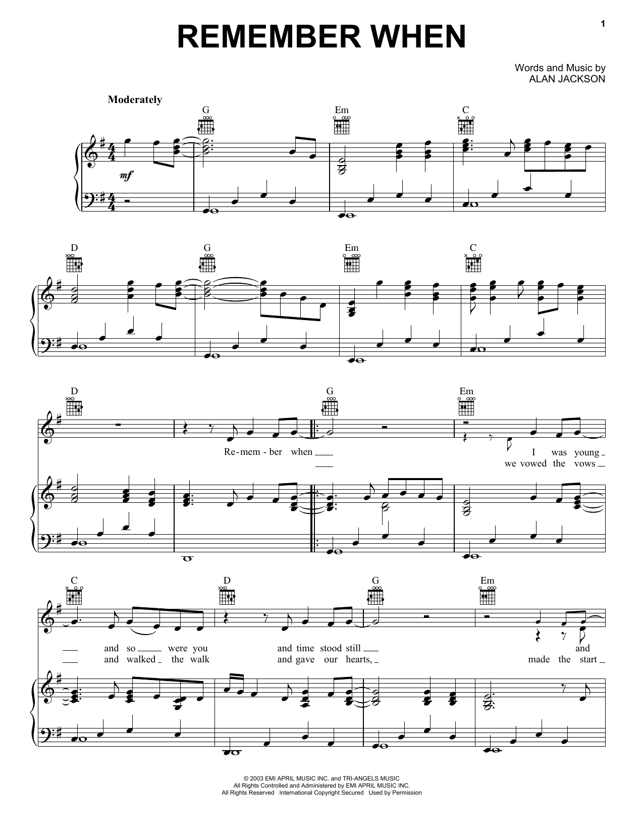Alan Jackson Remember When sheet music preview music notes and score for Piano, Vocal & Guitar (Right-Hand Melody) including 6 page(s)