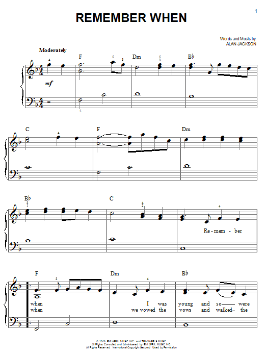 Learn to play Alan Jackson Remember When sheet music for Piano, Vocal & Guitar (Right-Hand Melody) in minutes. Alan Jackson Remember When sheet music preview music notes and score for Piano, Vocal & Guitar (Right-Hand Melody) including 6 page(s)