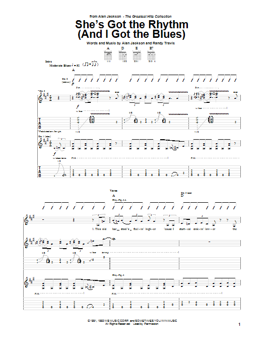 Learn to play Alan Jackson She's Got The Rhythm (And I Got The Blues) sheet music for Guitar Tab in minutes. Alan Jackson She's Got The Rhythm (And I Got The Blues) sheet music preview music notes and score for Guitar Tab including 9 page(s)