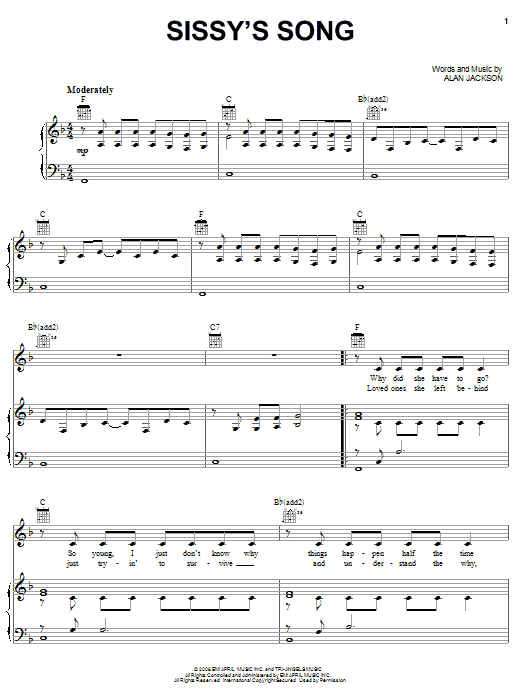 Learn to play Alan Jackson Sissy's Song sheet music for Piano, Vocal & Guitar (Right-Hand Melody) in minutes. Alan Jackson Sissy's Song sheet music notes and chords