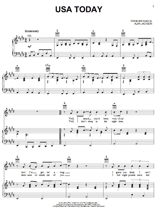 Learn to play Alan Jackson USA Today sheet music for Piano, Vocal & Guitar (Right-Hand Melody) in minutes. Alan Jackson USA Today sheet music preview music notes and score for Piano, Vocal & Guitar (Right-Hand Melody) including 4 page(s)