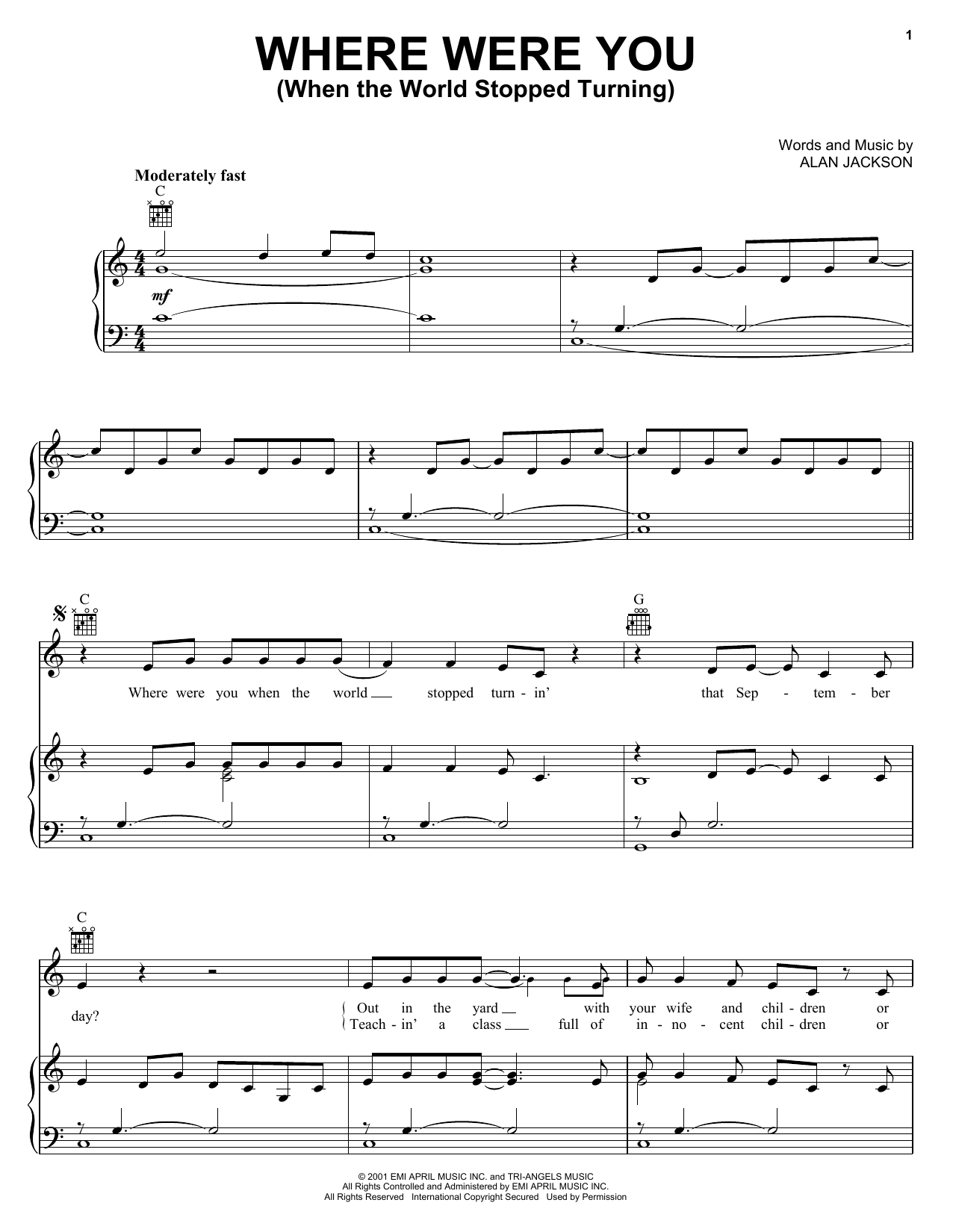 Alan Jackson Where Were You (When The World Stopped Turning) sheet music preview music notes and score for Lyrics & Chords including 4 page(s)