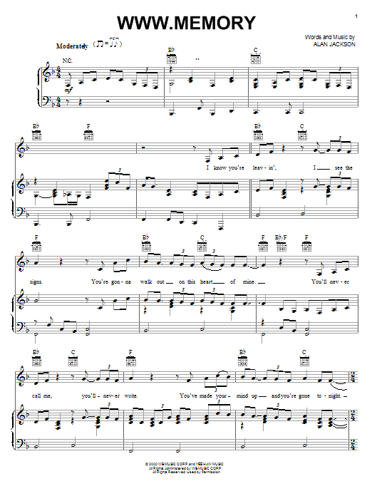 Learn to play Alan Jackson www.memory sheet music for Piano, Vocal & Guitar (Right-Hand Melody) in minutes. Alan Jackson www.memory sheet music preview music notes and score for Piano, Vocal & Guitar (Right-Hand Melody) including 4 page(s)