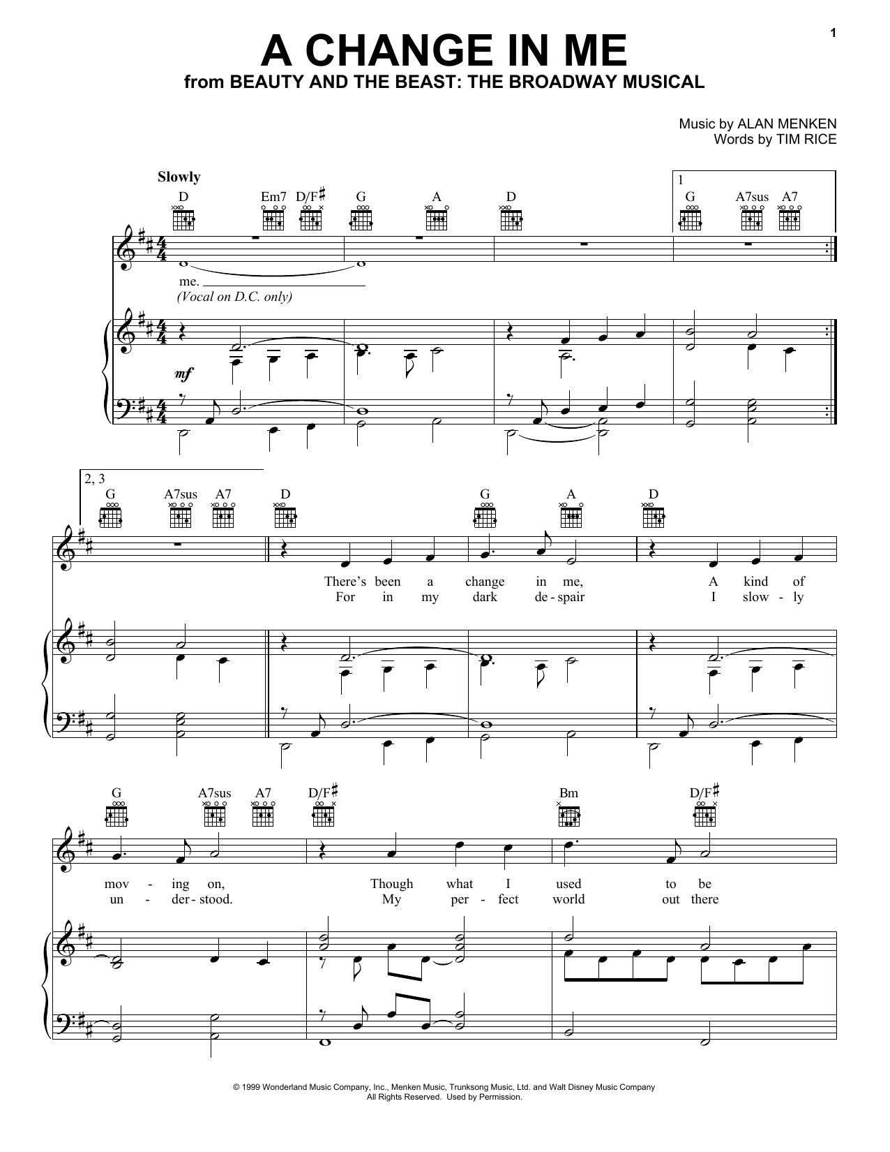 Alan Menken A Change In Me From Beauty And The Beast The Musical Sheet Music Download Printable Pdf Disney Music Score For Piano Vocal Guitar Right Hand Melody 22630