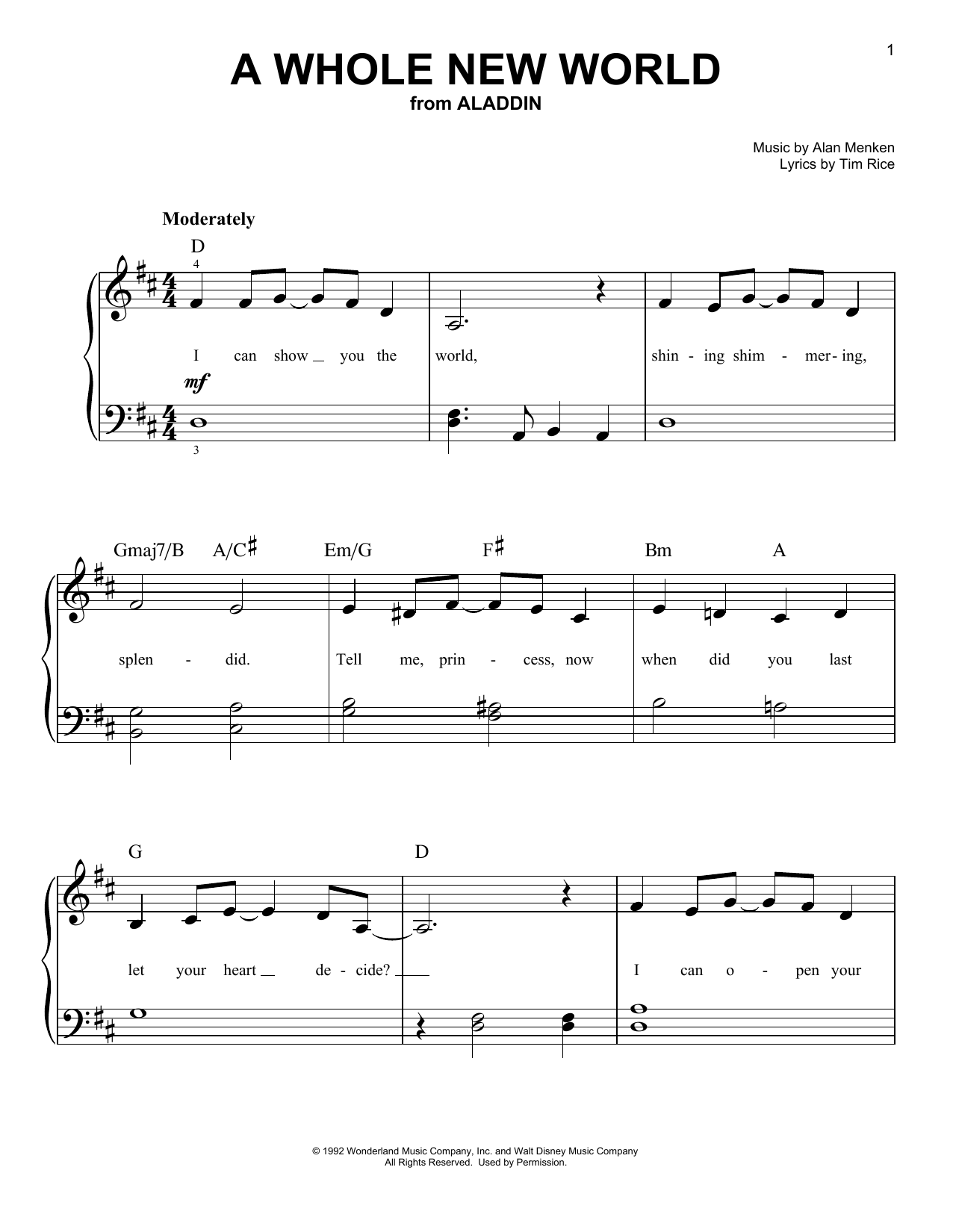 Alan Menken A Whole New World From Aladdin Sheet Music Download Printable Pdf Film Tv Music Score For Piano Solo 23660