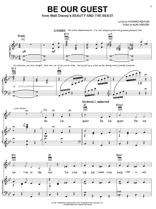 Learn to play Alan Menken Be Our Guest sheet music for Piano, Vocal & Guitar (Right-Hand Melody) in minutes. Alan Menken Be Our Guest sheet music preview music notes and score for Piano, Vocal & Guitar (Right-Hand Melody) including 18 page(s)