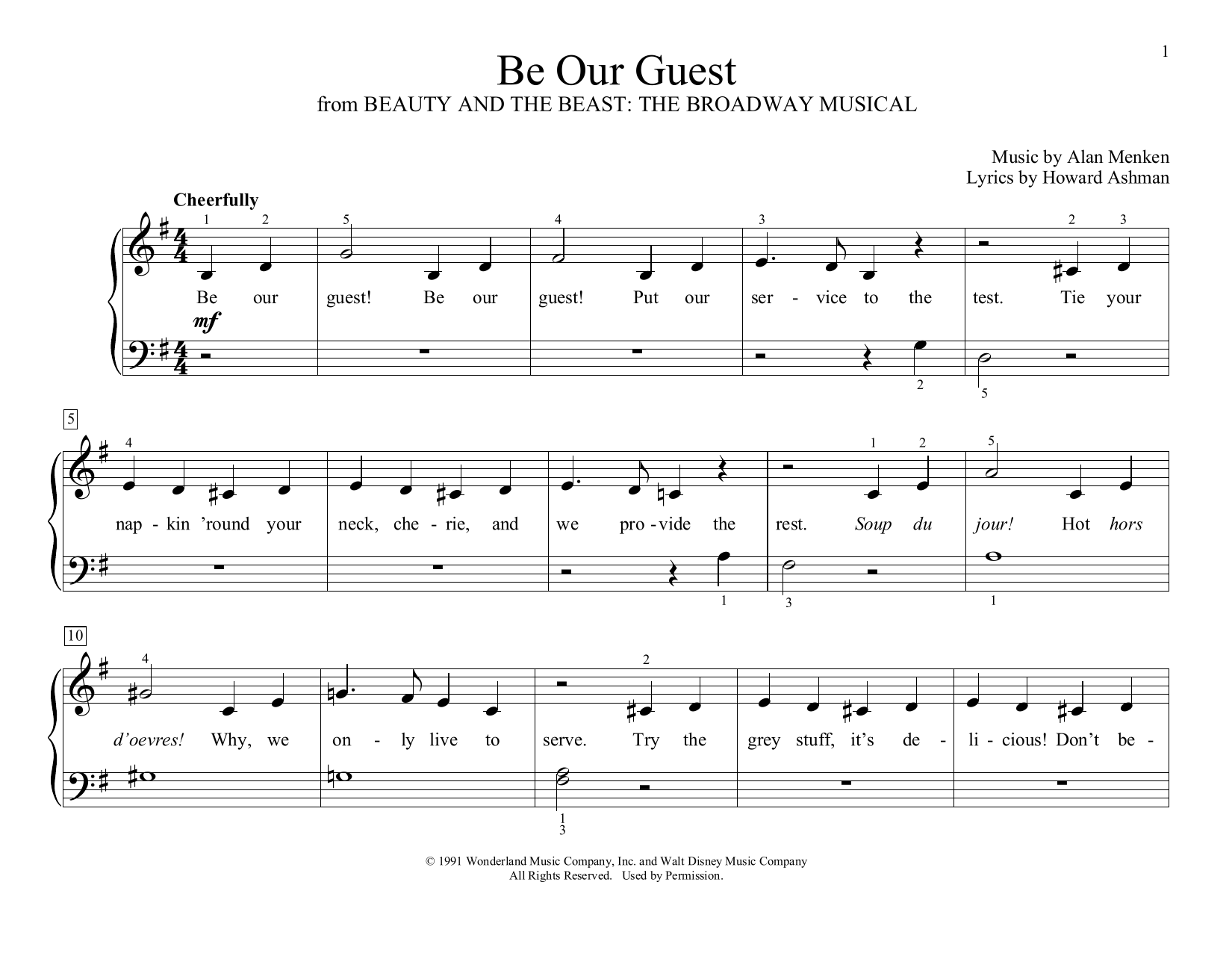 Learn to play Alan Menken Be Our Guest (from Beauty and The Beast) (arr. Christopher Hussey) sheet music for Educational Piano in minutes. Alan Menken Be Our Guest (from Beauty and The Beast) (arr. Christopher Hussey) sheet music preview music notes and score for Educational Piano including 2 page(s)