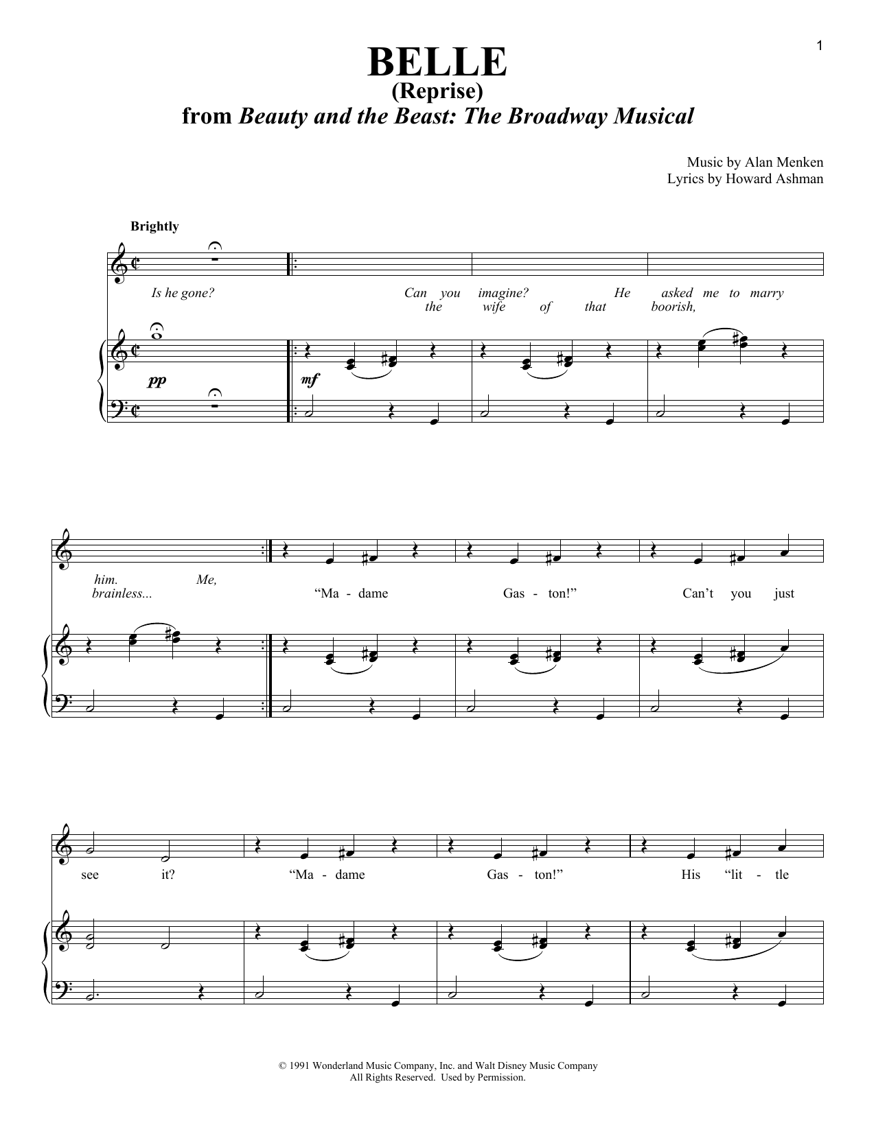 Alan Menken Belle Reprise From Beauty And The Beast Sheet Music Download Printable Pdf Children Music Score For Piano Vocal 161137