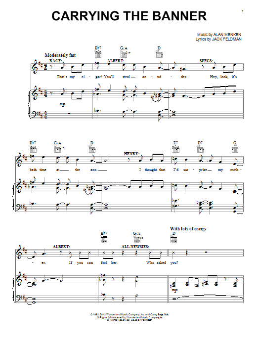 Learn to play Alan Menken Carrying The Banner sheet music for Piano, Vocal & Guitar (Right-Hand Melody) in minutes. Alan Menken Carrying The Banner sheet music preview music notes and score for Piano, Vocal & Guitar (Right-Hand Melody) including 18 page(s)