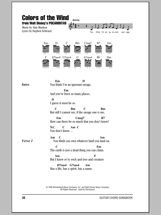 Learn to play Alan Menken Colors Of The Wind sheet music for Piano & Vocal in minutes. Alan Menken Colors Of The Wind sheet music preview music notes and score for Piano & Vocal including 7 page(s)