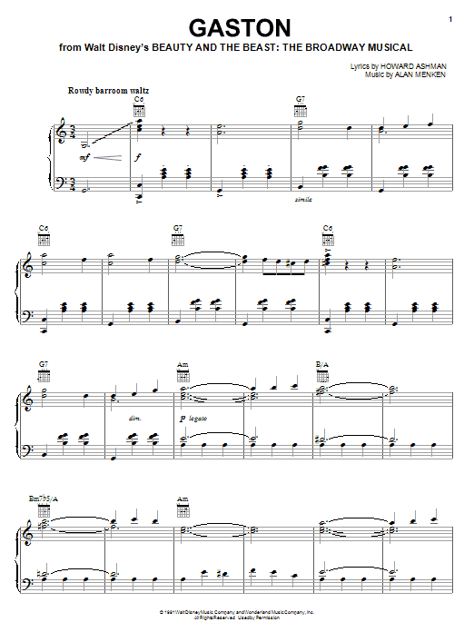 Learn to play Alan Menken Gaston sheet music for Piano, Vocal & Guitar (Right-Hand Melody) in minutes. Alan Menken Gaston sheet music notes and chords