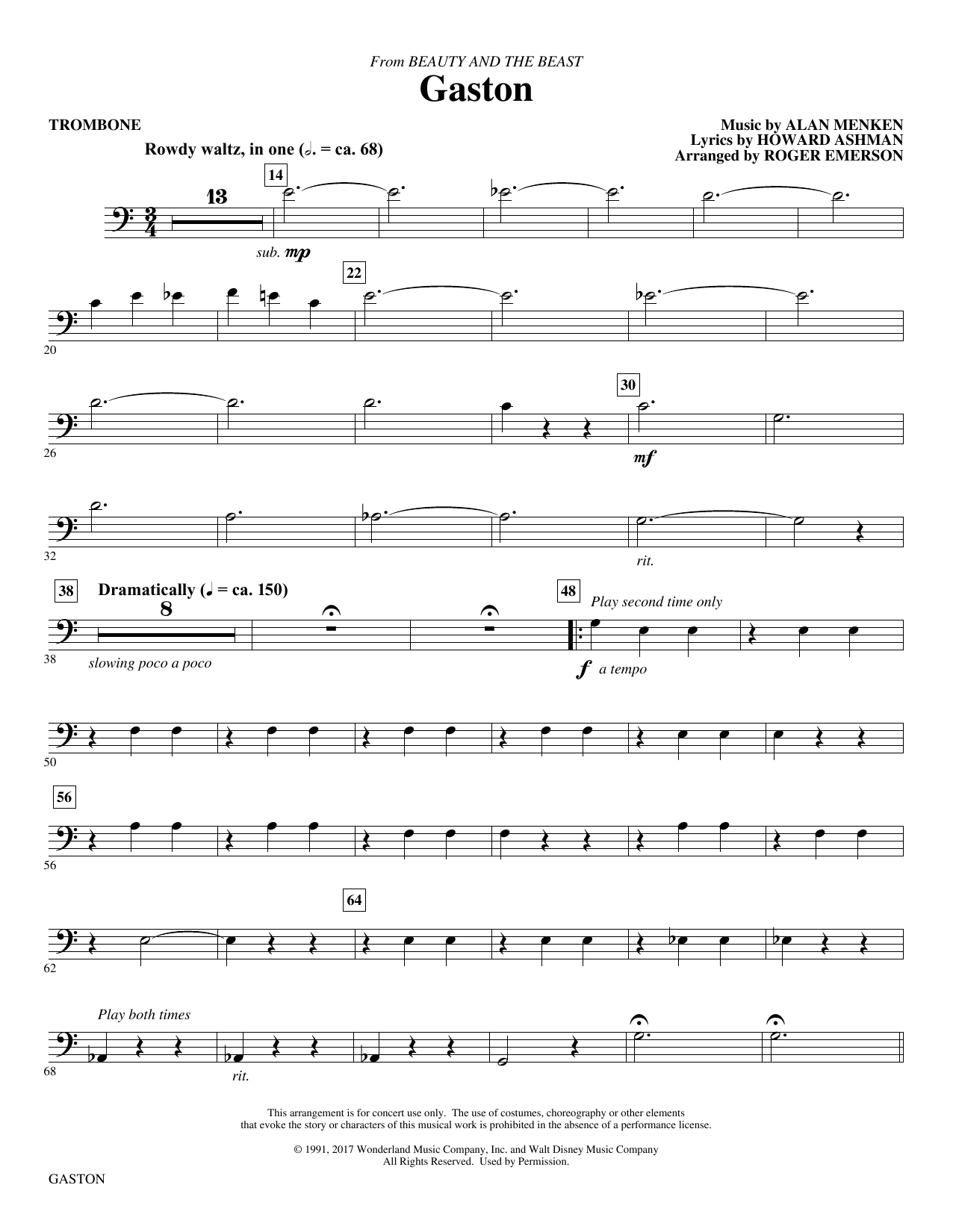 Alan Menken Gaston From Beauty And The Beast Arr Roger Emerson Trombone Sheet Music Download Printable Pdf Music Notes Score Chords 413055