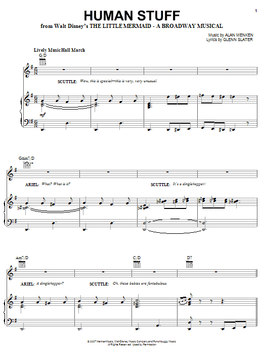 Learn to play Alan Menken Human Stuff sheet music for Piano, Vocal & Guitar (Right-Hand Melody) in minutes. Alan Menken Human Stuff sheet music preview music notes and score for Piano, Vocal & Guitar (Right-Hand Melody) including 7 page(s)