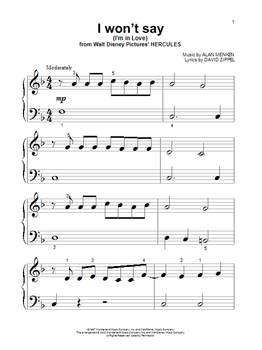 Learn to play Alan Menken I Won't Say (I'm In Love) sheet music for Piano (Big Notes) in minutes. Alan Menken I Won't Say (I'm In Love) sheet music notes and chords