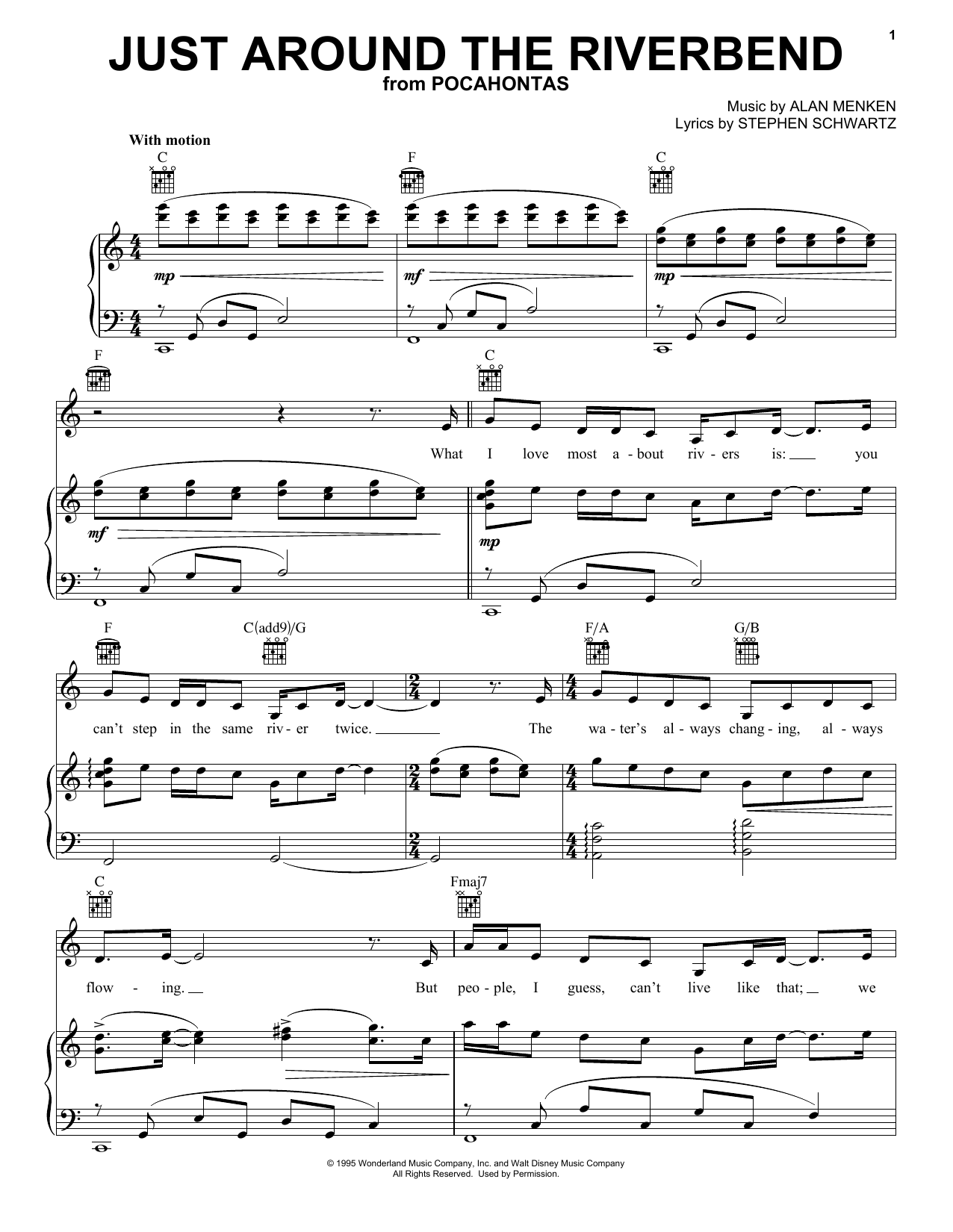 Alan Menken Just Around The Riverbend (from Pocahontas) sheet music preview music notes and score for Piano, Vocal & Guitar (Right-Hand Melody) including 6 page(s)