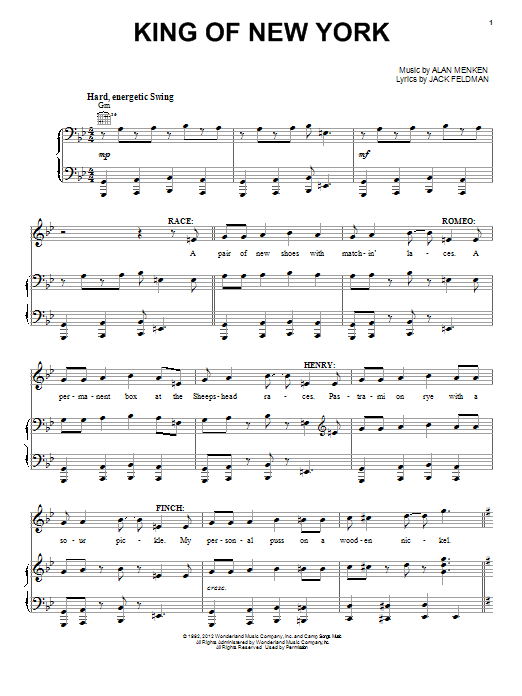 Learn to play Alan Menken King Of New York sheet music for Piano, Vocal & Guitar (Right-Hand Melody) in minutes. Alan Menken King Of New York sheet music preview music notes and score for Piano, Vocal & Guitar (Right-Hand Melody) including 9 page(s)