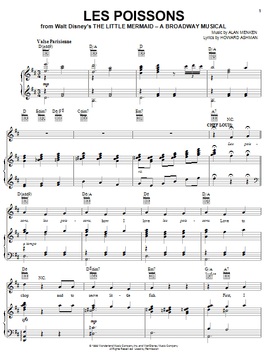 Learn to play Alan Menken Les Poissons sheet music for Piano, Vocal & Guitar (Right-Hand Melody) in minutes. Alan Menken Les Poissons sheet music preview music notes and score for Piano, Vocal & Guitar (Right-Hand Melody) including 6 page(s)