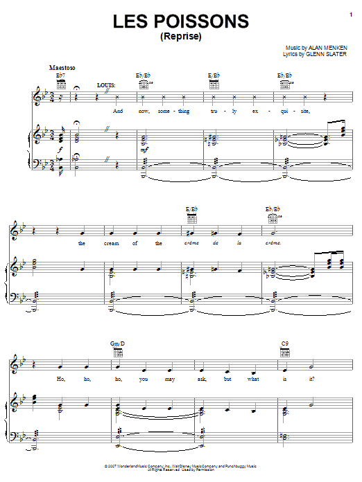 Learn to play Alan Menken Les Poissons (Reprise) sheet music for Piano, Vocal & Guitar (Right-Hand Melody) in minutes. Alan Menken Les Poissons (Reprise) sheet music preview music notes and score for Piano, Vocal & Guitar (Right-Hand Melody) including 7 page(s)