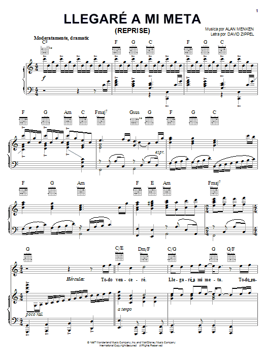 Learn to play Alan Menken Llegare A Mi Meta (Reprise) sheet music for Piano, Vocal & Guitar (Right-Hand Melody) in minutes. Alan Menken Llegare A Mi Meta (Reprise) sheet music notes and chords