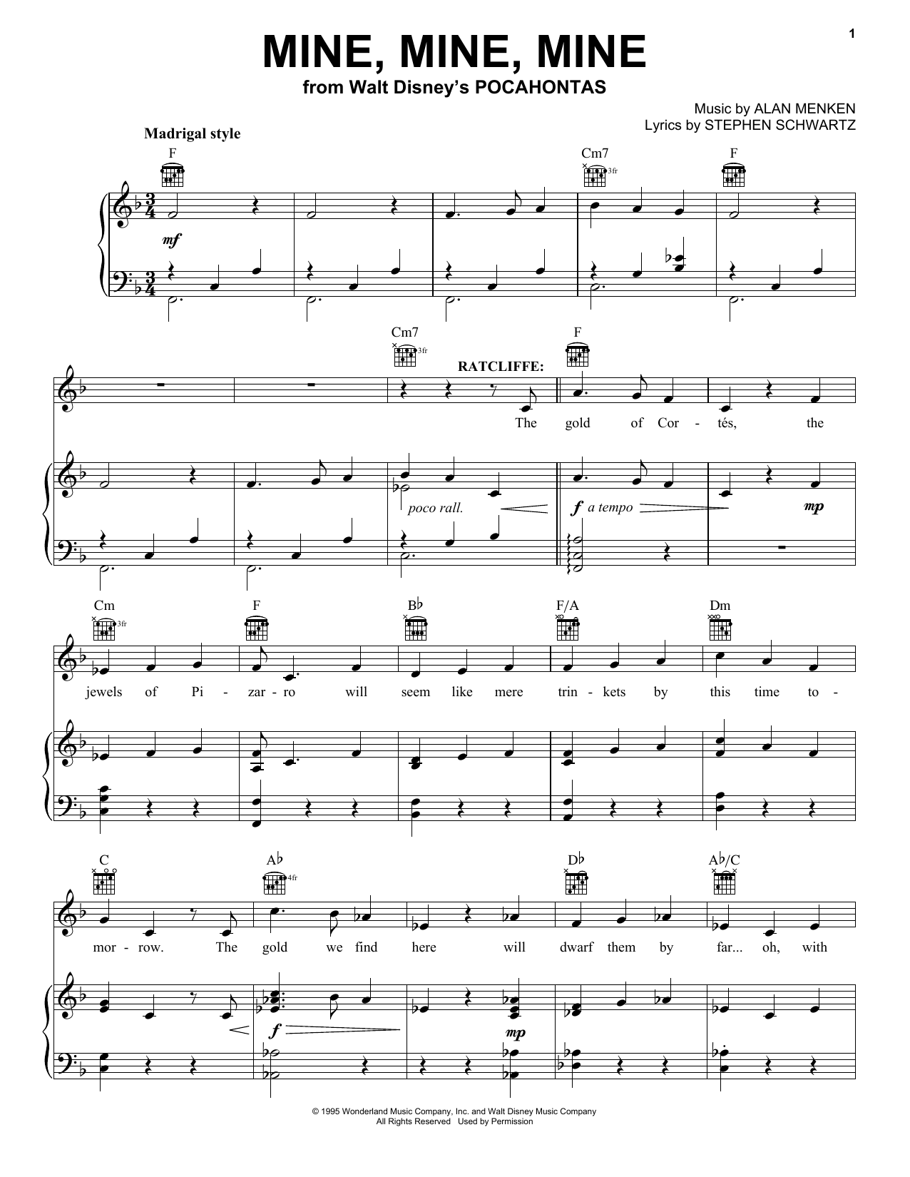 Learn to play Alan Menken Mine, Mine, Mine sheet music for Piano, Vocal & Guitar (Right-Hand Melody) in minutes. Alan Menken Mine, Mine, Mine sheet music notes and chords