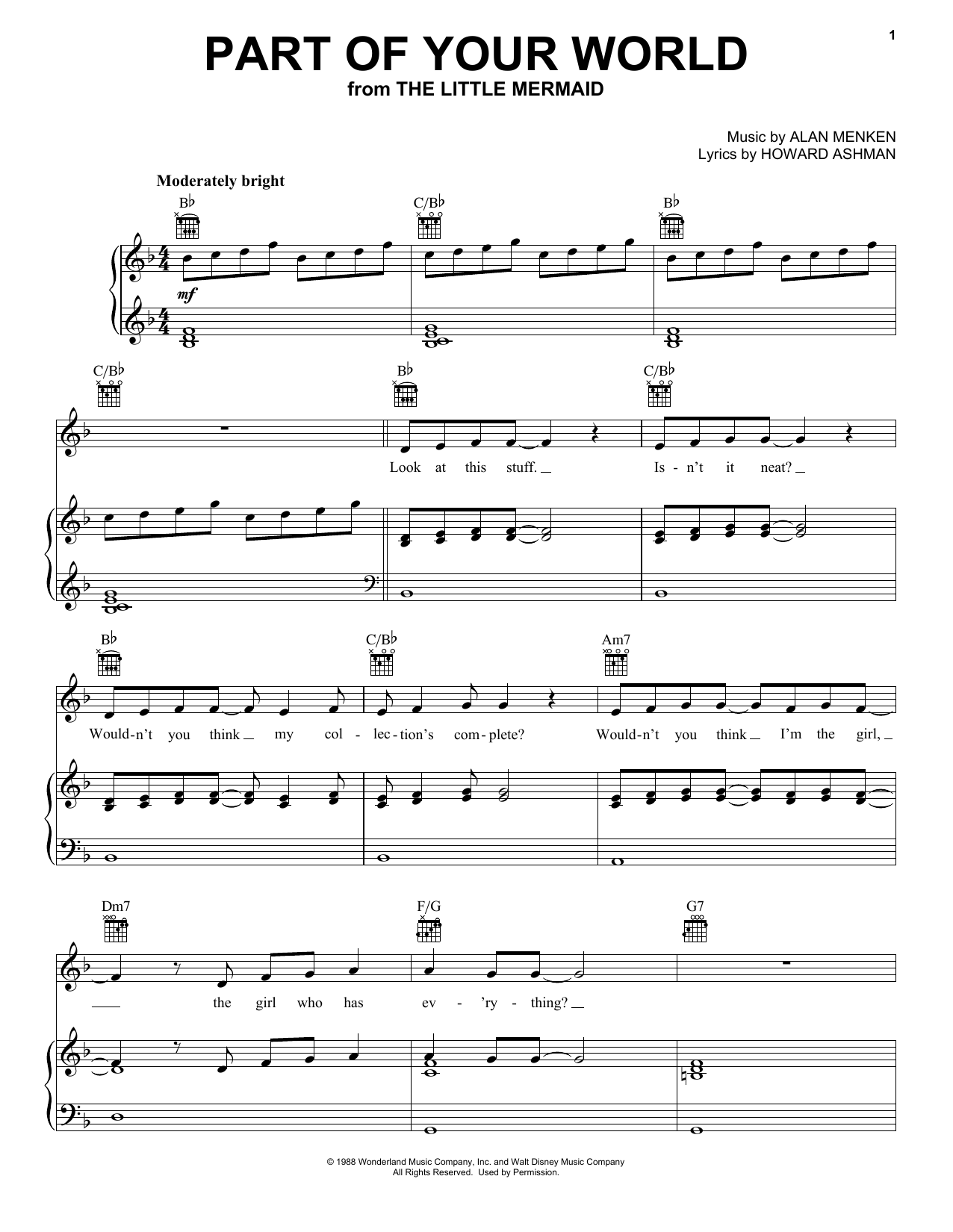 Alan Menken Part Of Your World sheet music preview music notes and score for Piano, Vocal & Guitar (Right-Hand Melody) including 8 page(s)