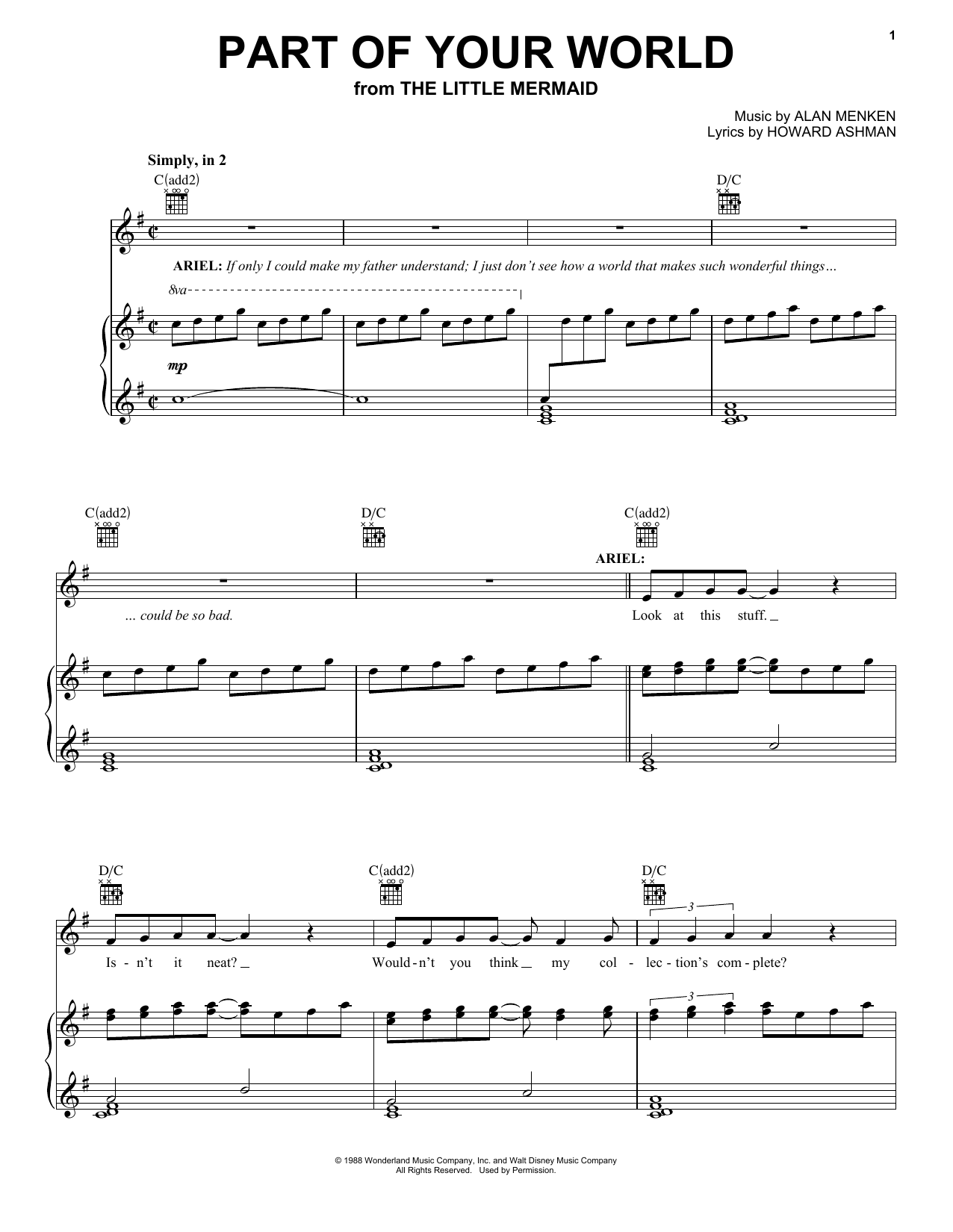 Alan Menken Part Of Your World sheet music preview music notes and score for Piano, Vocal & Guitar (Right-Hand Melody) including 8 page(s)