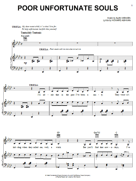 Learn to play Alan Menken Poor Unfortunate Souls sheet music for Piano, Vocal & Guitar (Right-Hand Melody) in minutes. Alan Menken Poor Unfortunate Souls sheet music preview music notes and score for Piano, Vocal & Guitar (Right-Hand Melody) including 9 page(s)