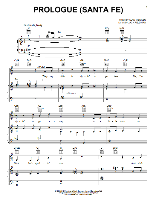 Learn to play Alan Menken Prologue (Santa Fe) sheet music for Piano, Vocal & Guitar (Right-Hand Melody) in minutes. Alan Menken Prologue (Santa Fe) sheet music preview music notes and score for Piano, Vocal & Guitar (Right-Hand Melody) including 6 page(s)