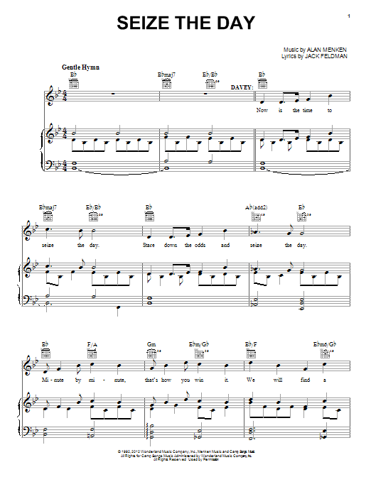 Learn to play Alan Menken Seize The Day sheet music for Piano, Vocal & Guitar (Right-Hand Melody) in minutes. Alan Menken Seize The Day sheet music preview music notes and score for Piano, Vocal & Guitar (Right-Hand Melody) including 11 page(s)