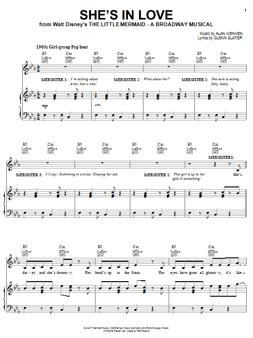 Learn to play Alan Menken She's In Love (from The Little Mermaid - A Broadway Musical) sheet music for Piano, Vocal & Guitar (Right-Hand Melody) in minutes. Alan Menken She's In Love (from The Little Mermaid - A Broadway Musical) sheet music preview music notes and score for Piano, Vocal & Guitar (Right-Hand Melody) including 13 page(s)