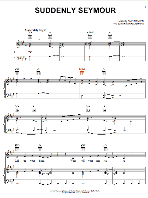 Learn to play Alan Menken Suddenly Seymour (from The Little Shop Of Horrors) sheet music for Piano, Vocal & Guitar (Right-Hand Melody) in minutes. Alan Menken Suddenly Seymour (from The Little Shop Of Horrors) sheet music preview music notes and score for Piano, Vocal & Guitar (Right-Hand Melody) including 6 page(s)