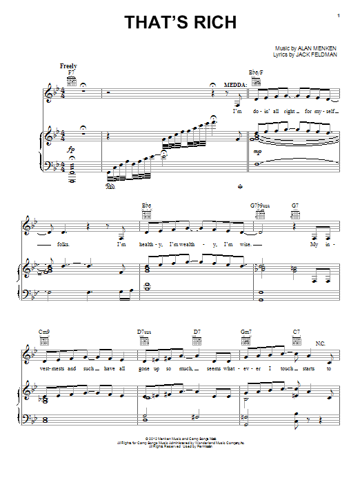 Learn to play Alan Menken That's Rich sheet music for Piano, Vocal & Guitar (Right-Hand Melody) in minutes. Alan Menken That's Rich sheet music preview music notes and score for Piano, Vocal & Guitar (Right-Hand Melody) including 6 page(s)