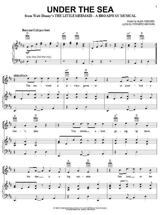 Learn to play Alan Menken Under The Sea sheet music for Piano, Vocal & Guitar (Right-Hand Melody) in minutes. Alan Menken Under The Sea sheet music preview music notes and score for Piano, Vocal & Guitar (Right-Hand Melody) including 13 page(s)