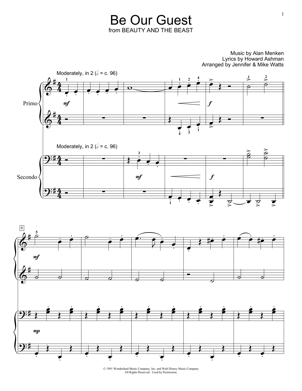 Learn to play Alan Menken & Howard Ashman Be Our Guest (from Beauty and The Beast) (arr. Jennifer & Mike Watts) sheet music for Piano Duet in minutes. Alan Menken & Howard Ashman Be Our Guest (from Beauty and The Beast) (arr. Jennifer & Mike Watts) sheet music preview music notes and score for Piano Duet including 4 page(s)