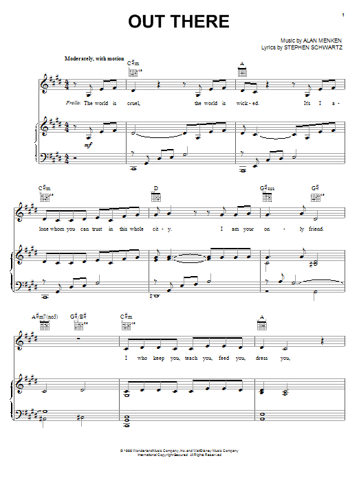 Alan Menken Out There sheet music preview music notes and score for Piano, Vocal & Guitar (Right-Hand Melody) including 12 page(s)