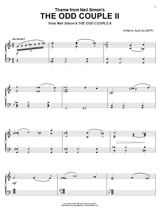 Learn to play Alan Silvestri Theme From Neil Simon's The Odd Couple II sheet music for Piano in minutes. Alan Silvestri Theme From Neil Simon's The Odd Couple II sheet music notes and chords