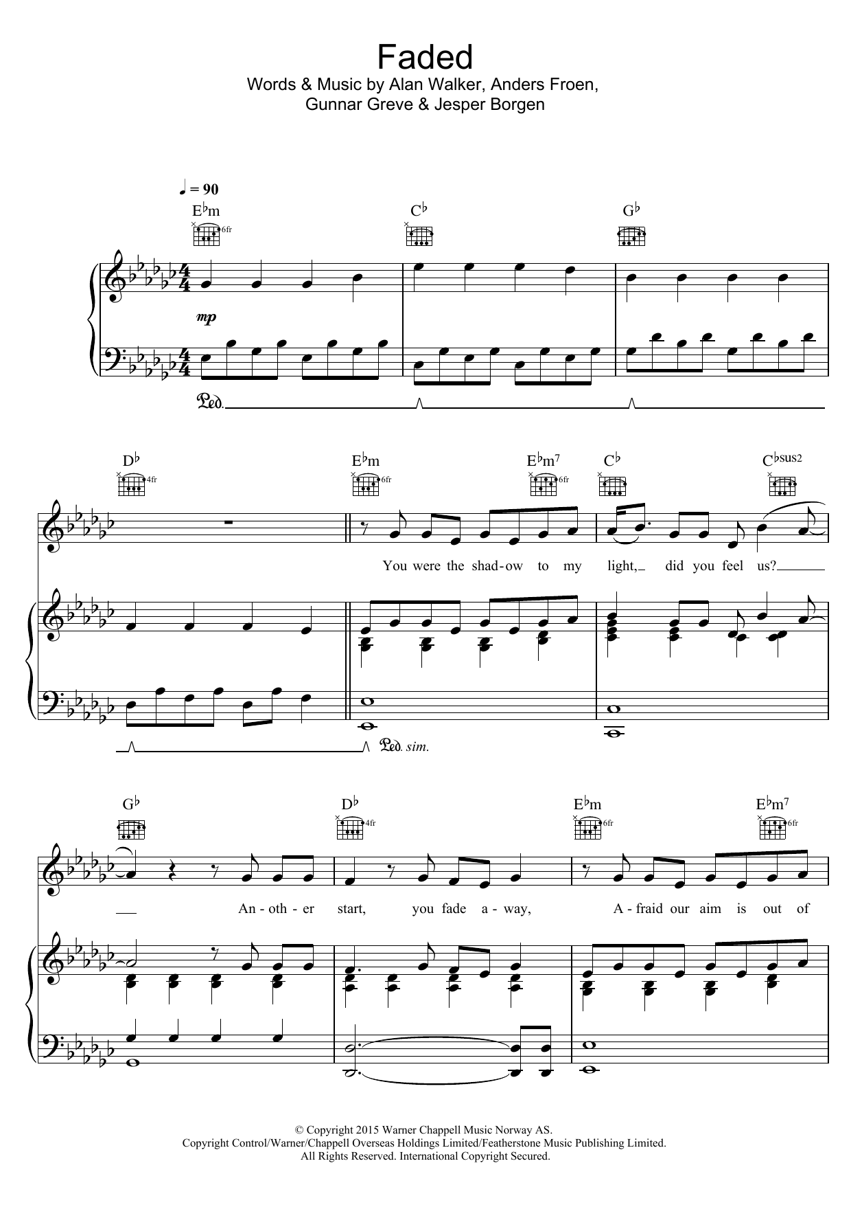 Alan Walker Faded sheet music preview music notes and score for Piano, Vocal & Guitar (Right-Hand Melody) including 6 page(s)
